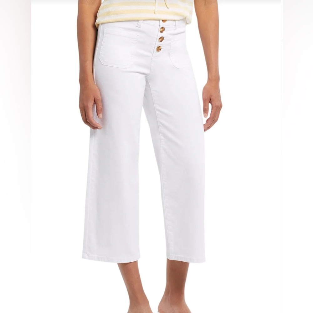 Tribal White Audrey Mid-Rise Wide leg Capri Jeans with front button design V38